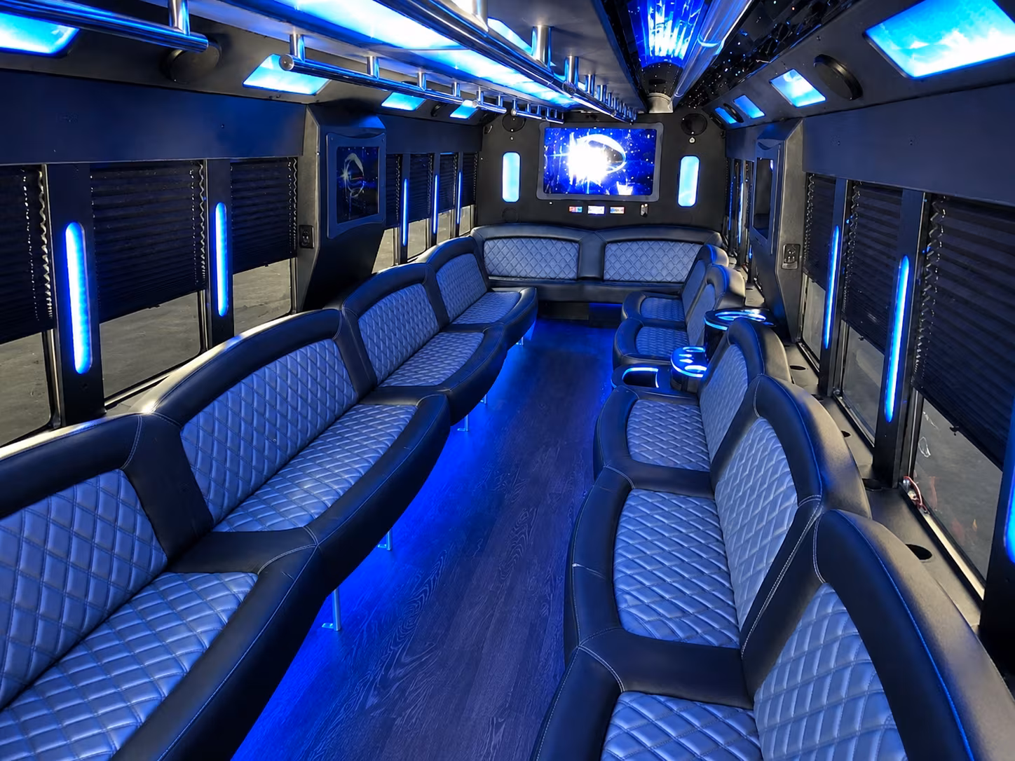 Interior of a party bus rental serving Honolulu